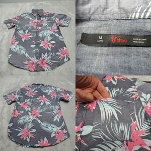 Stoic Shirt Men Medium Gray Floral Hawaiian Button Up Short Sleeve Hiking Active